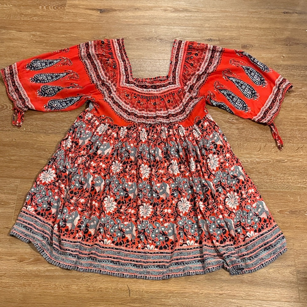 Free People Red and Blue Floral Patterned Boho Dress